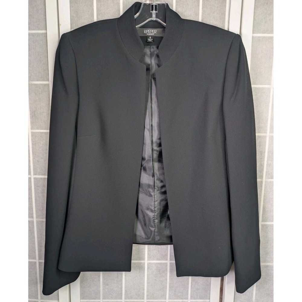 Kasper Classics Womens Blazer 6 Black Suit Jacket Open Front Shoulder Pads Lined